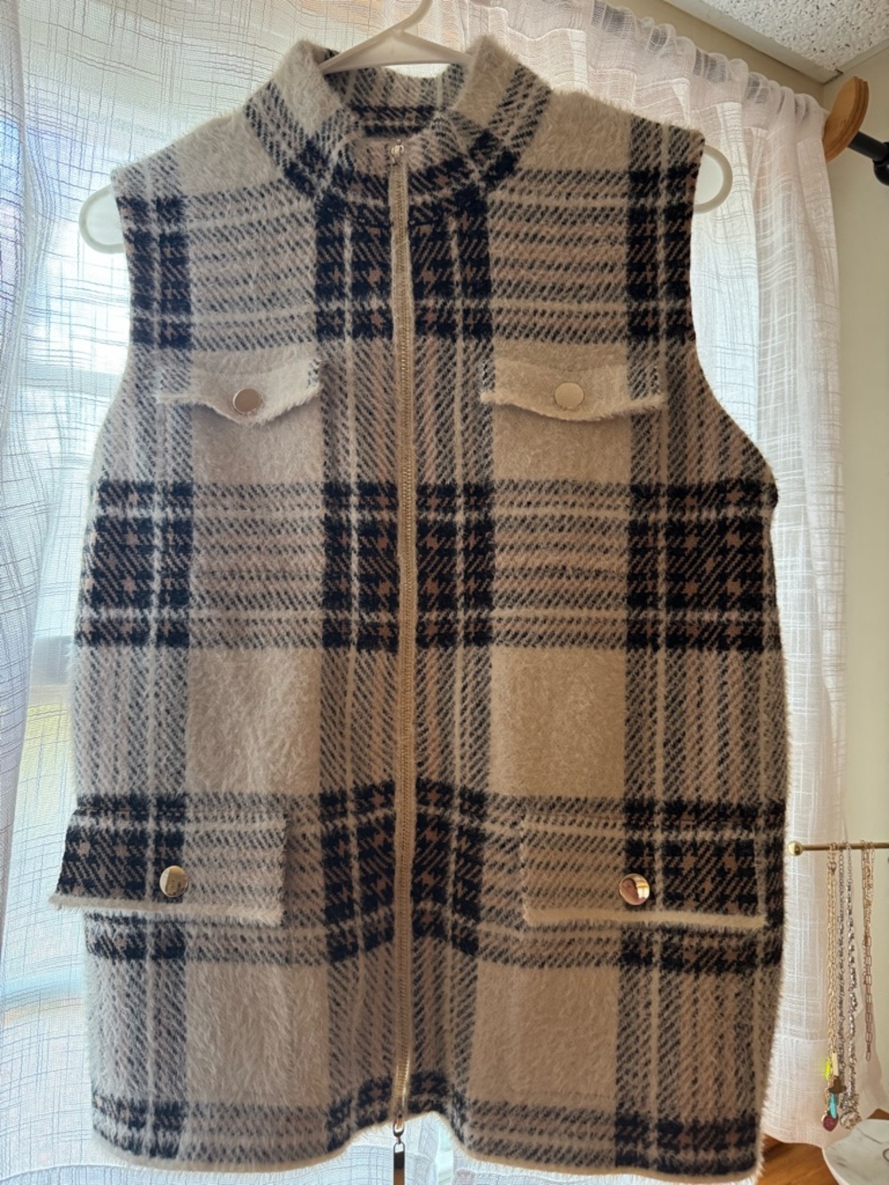 Max Studio Beige and Black Plaid Zip Vest